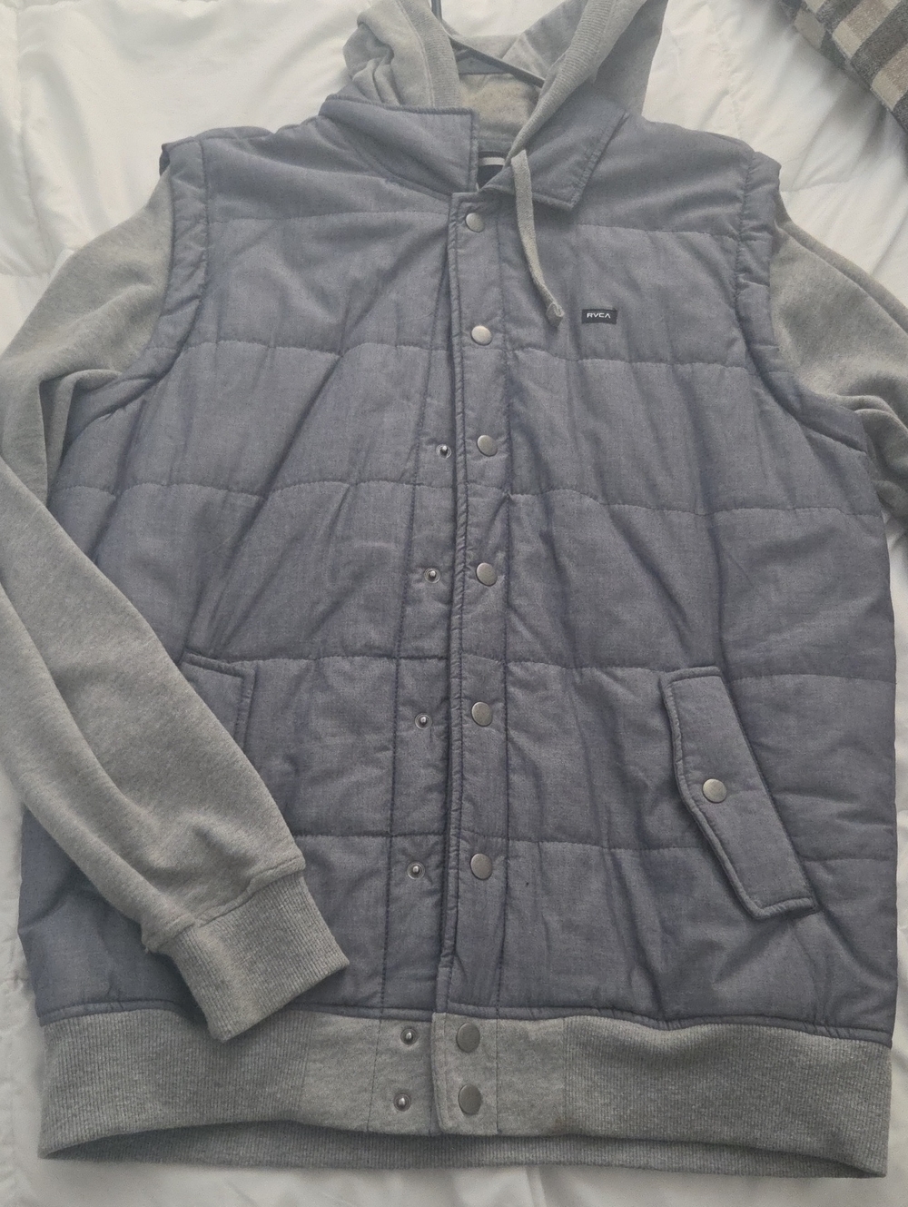RVCA Men's Gray Quilted Hooded Vest with Knit Sleeves